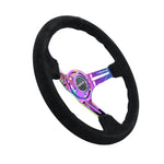 NRG 350mm reinforced deep dish steering wheel in black suede with black stitching and neochrome slit spokes