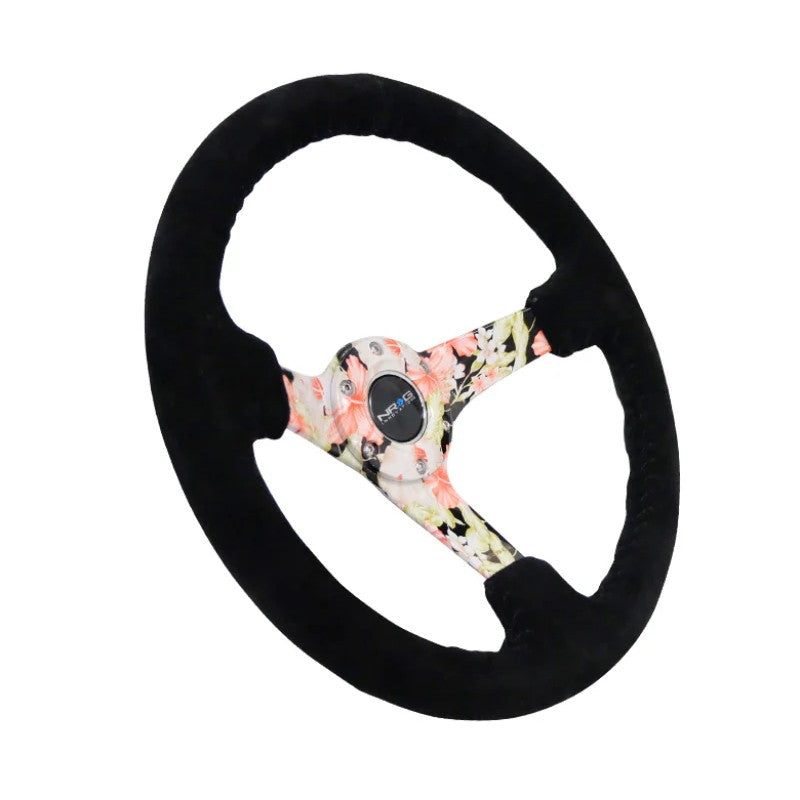 NRG 350mm black suede steering wheel with 3-inch deep dish, floral dipped center spokes, and black baseball stitching.