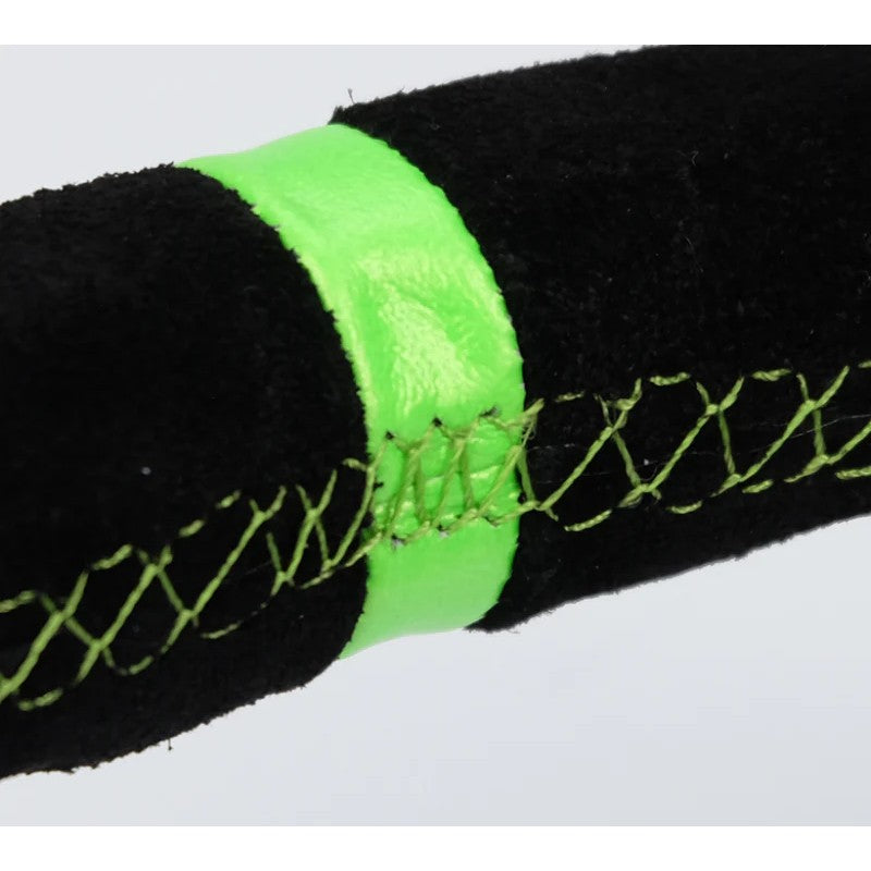 NRG 350mm black suede steering wheel with neon green stitching, 3-inch deep dish, and reinforced matte black 5mm spokes.