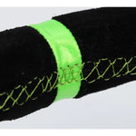 NRG 350mm black suede steering wheel with neon green stitching, 3-inch deep dish, and reinforced matte black 5mm spokes.