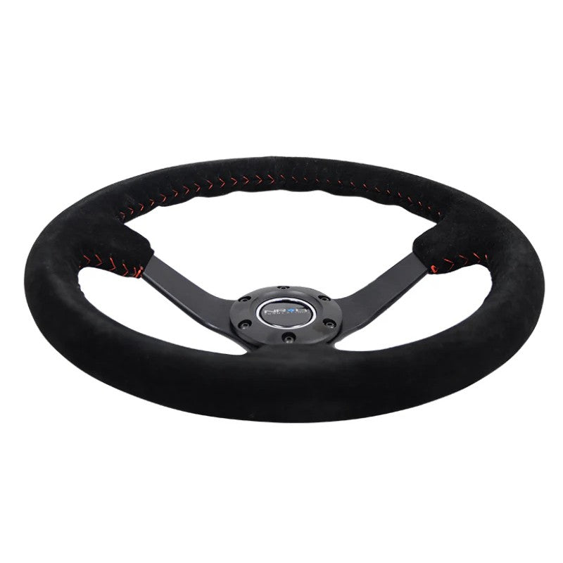 NRG 350mm deep dish steering wheel with black suede grip, red baseball stitching, and 5mm matte black reinforced spokes.