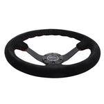 NRG 350mm deep dish steering wheel with black suede grip, red baseball stitching, and 5mm matte black reinforced spokes.
