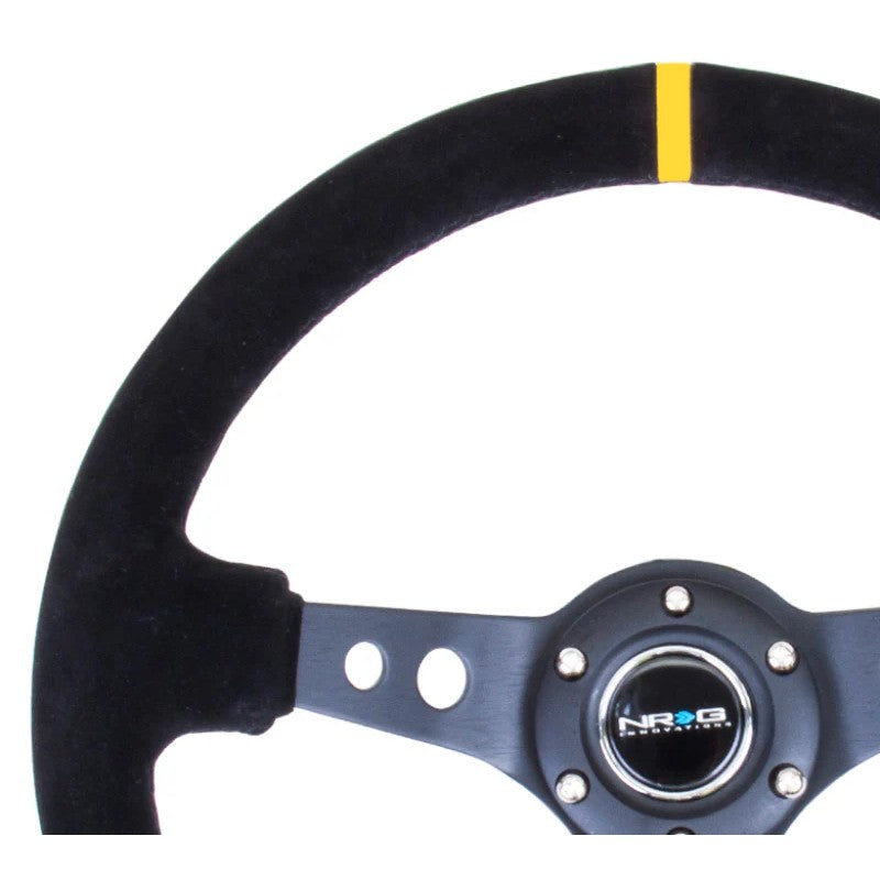 NRG 350mm black suede deep dish steering wheel with yellow center mark and circle cut spokes