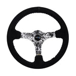 NRG 350mm reinforced steering wheel featuring a 3-inch deep dish, black suede rim, and digital camouflage spokes.