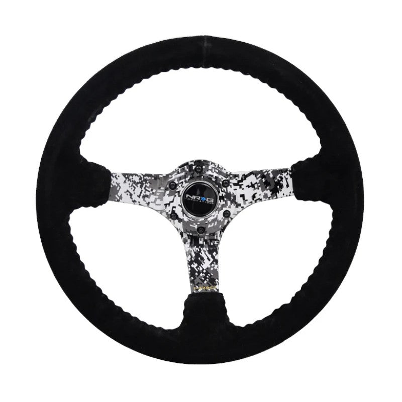 NRG 350mm reinforced steering wheel featuring a 3-inch deep dish, black suede rim, and digital camouflage spokes.