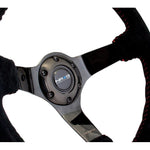 NRG RST-036BK-S 350mm steering wheel with black suede grip, 3-inch deep dish, and red baseball stitching.
