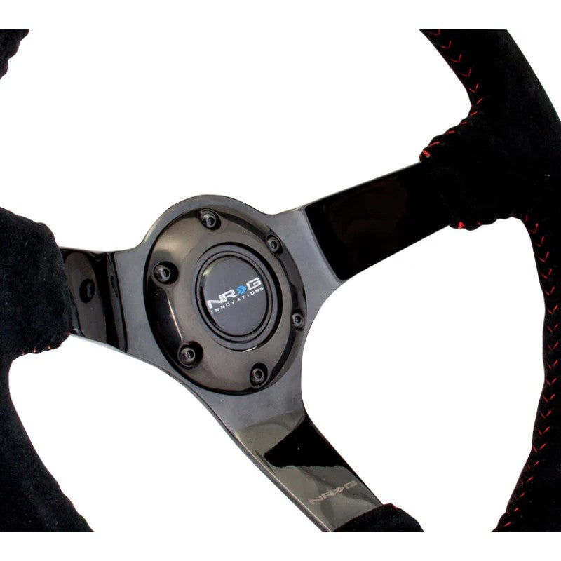 NRG RST-036BK-S 350mm steering wheel with black suede grip, 3-inch deep dish, and red baseball stitching.