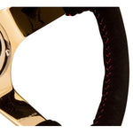 NRG 350mm black suede steering wheel with red baseball stitching, 3-inch deep dish, and chrome gold 3-spoke center.
