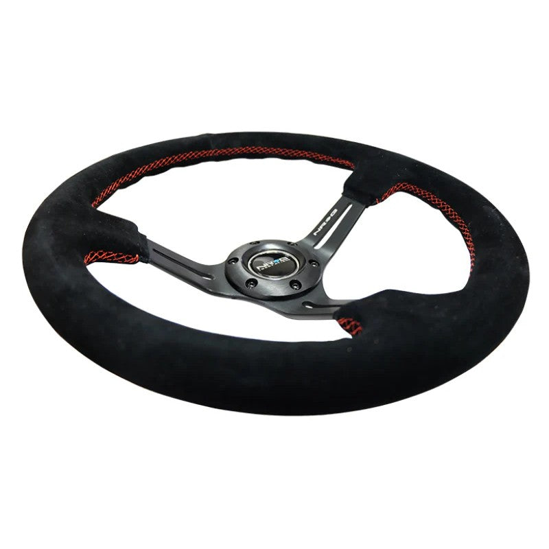 NRG 350mm reinforced steering wheel with black suede grip, red stitching, and 3-inch deep dish 5mm slitted spokes.