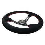 NRG 350mm reinforced steering wheel with black suede grip, red stitching, and 3-inch deep dish 5mm slitted spokes.