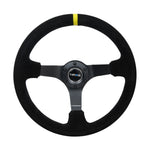 NRG 350mm reinforced deep dish steering wheel featuring black suede, yellow center stripe, and 5mm thick black spokes.