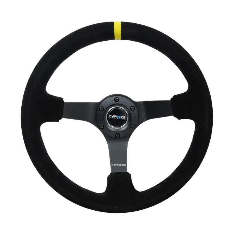 NRG 350mm reinforced deep dish steering wheel featuring black suede, yellow center stripe, and 5mm thick black spokes.
