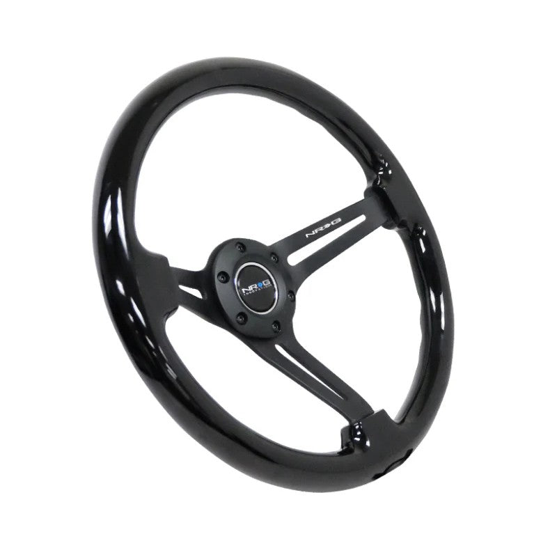 NRG 350mm steering wheel with black wood rim, 3-inch deep dish, and reinforced matte black spokes.