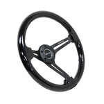 NRG 350mm steering wheel with black wood rim, 3-inch deep dish, and reinforced matte black spokes.