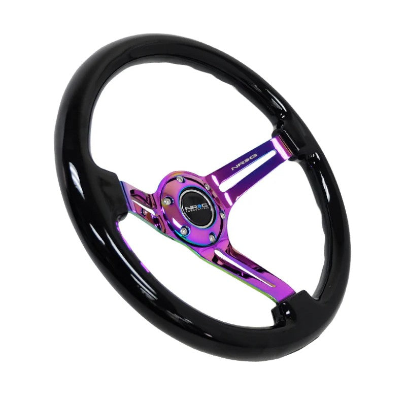 NRG RST-018BK-MC 350mm reinforced steering wheel with black wood rim, matte black spokes, and neochrome center stripe.