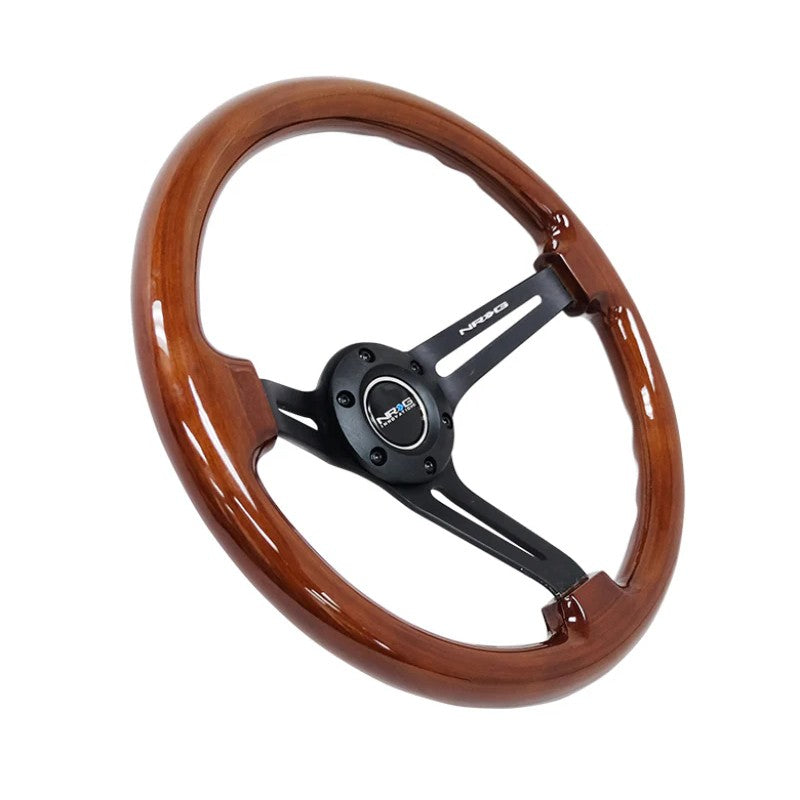 350mm brown wood steering wheel with three matte black spokes, a 3-inch deep dish, and a black center stripe.