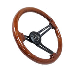 350mm brown wood steering wheel with three matte black spokes, a 3-inch deep dish, and a black center stripe.