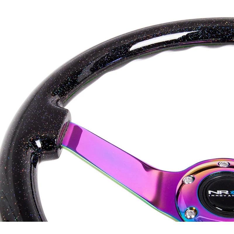 350mm NRG steering wheel with a black sparkle rim, three neochrome spokes, and a 3-inch deep dish center.