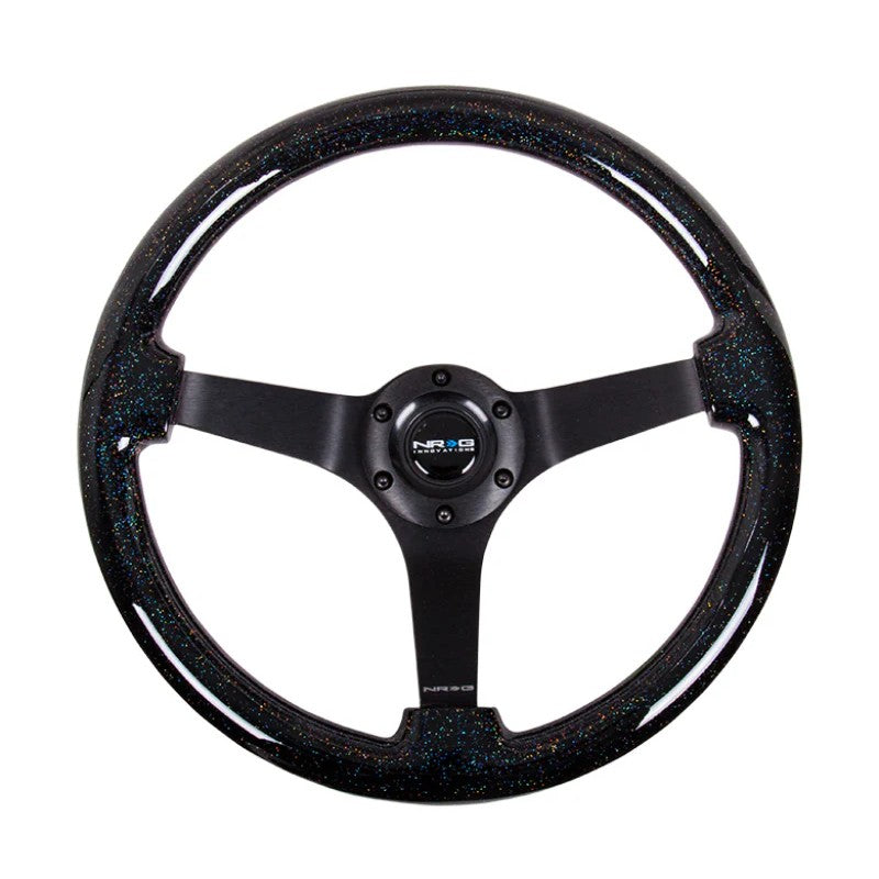 NRG 350mm deep dish steering wheel with black sparkle wood grain finish and black three-spoke center