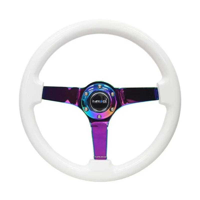 350mm NRG Reinforced Steering Wheel with Classic White rim and 3-inch deep neochrome 3-spoke center