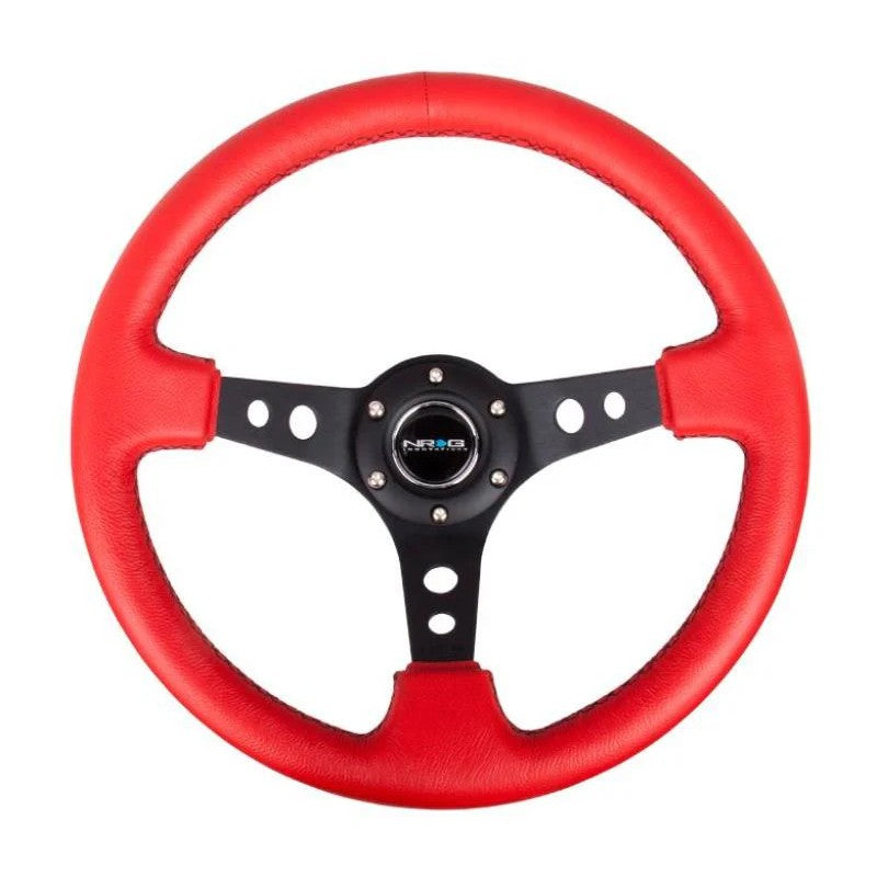 NRG 350mm reinforced steering wheel with 3-inch deep dish, red leather wrap, black stitching, and black hole-cutout spokes