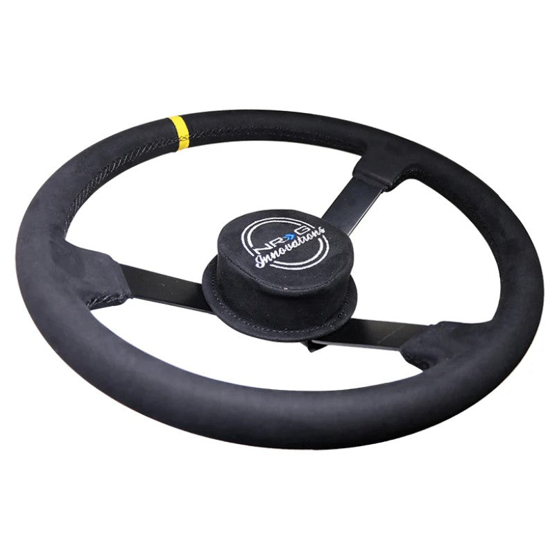 NRG 380mm Alcantara 3-spoke reinforced steering wheel with removable center safety pad and NRG logo.