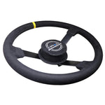 NRG 380mm Alcantara 3-spoke reinforced steering wheel with removable center safety pad and NRG logo.