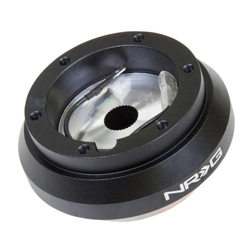 Black finish NRG Innovations short steering wheel hub adapter SRK-120H with 6-bolt mounting pattern.