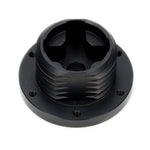 Black NRG SRK-TMH-BK short hub adapter for Thrustmaster sim racing wheel bases showing the 6-bolt mounting pattern.