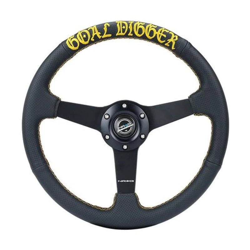 NRG 350mm sport steering wheel with black leather, gold stitching, and solid matte black spokes including horn button