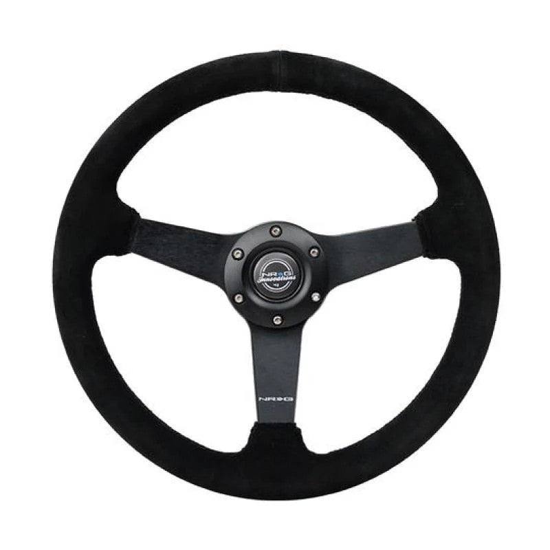 NRG 350mm sport steering wheel featuring black suede grip, black stitching, and three matte black solid spokes.