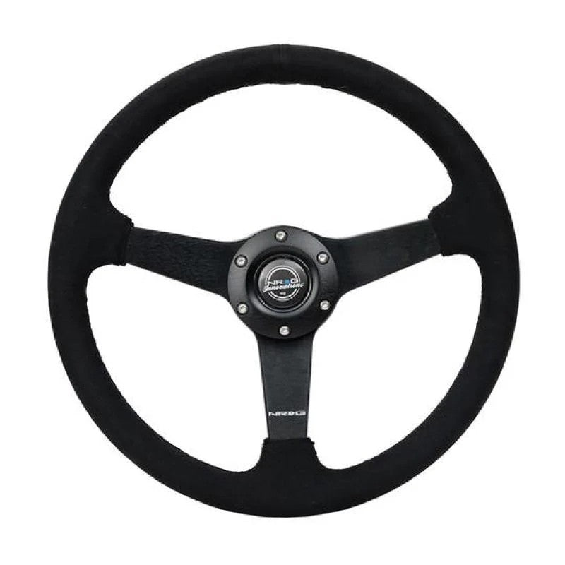 NRG 350mm sport steering wheel with matte black three-spoke center and black Alcantara grip with black stitching.