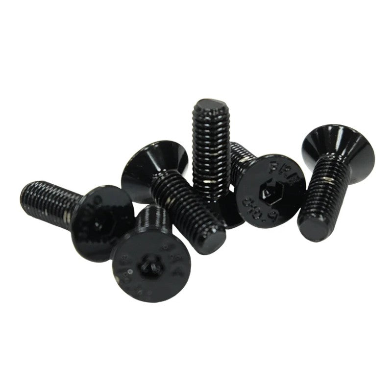 Set of NRG Innovations black conical-head steering wheel screws for 6-bolt hub installations.