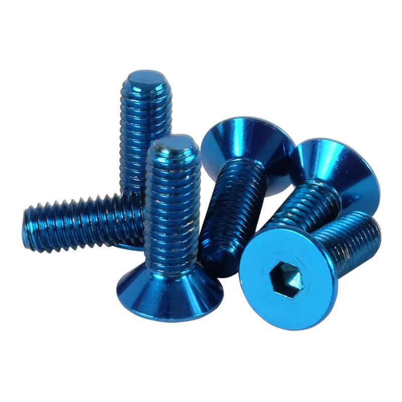 Set of six blue anodized conical head screws for aftermarket steering wheel installation