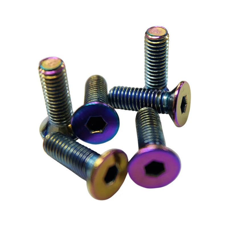 Set of six NRG Innovations SWS-100MC conical head steering wheel screws in a neochrome finish.