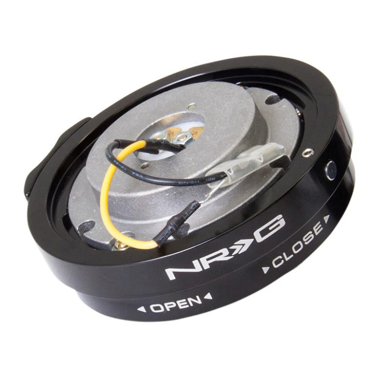 NRG SRK-400BK Thin Version black anodized aluminum steering wheel quick release adapter with ball-bearing locking system.