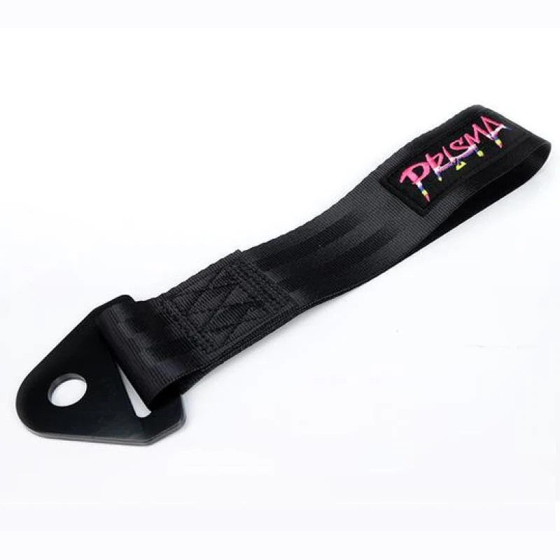 Black NRG Prisma Series universal fabric tow strap with embroidered logo and mounting hardware.