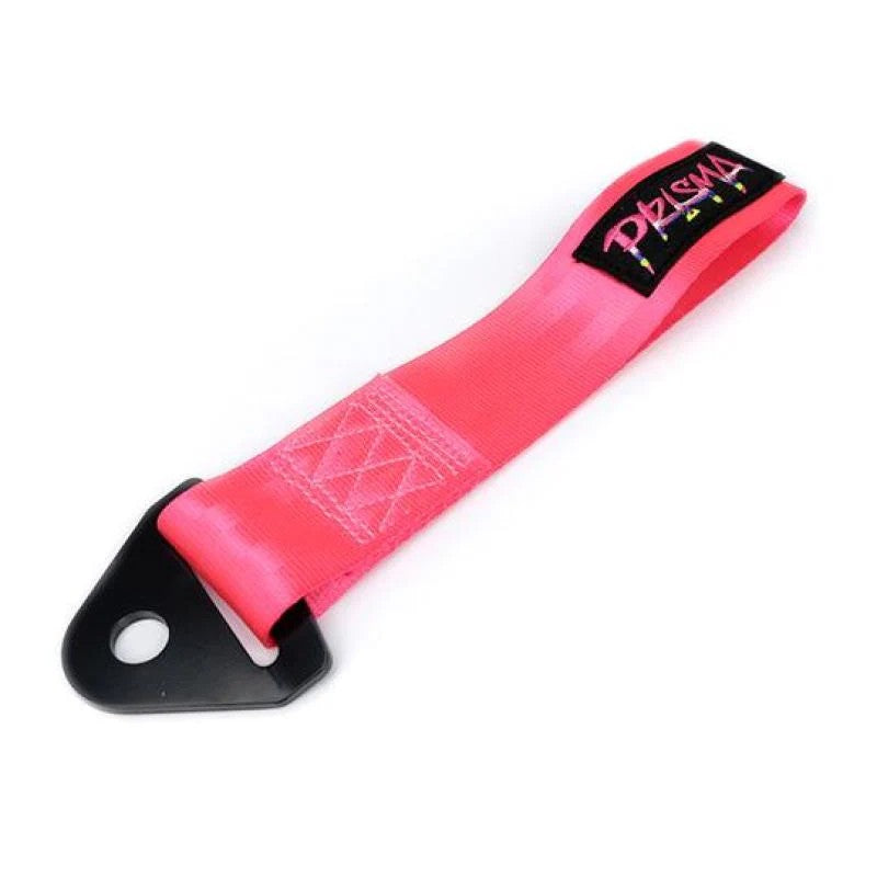 Pink NRG Prisma universal tow strap with white NRG logo and steel mounting bracket