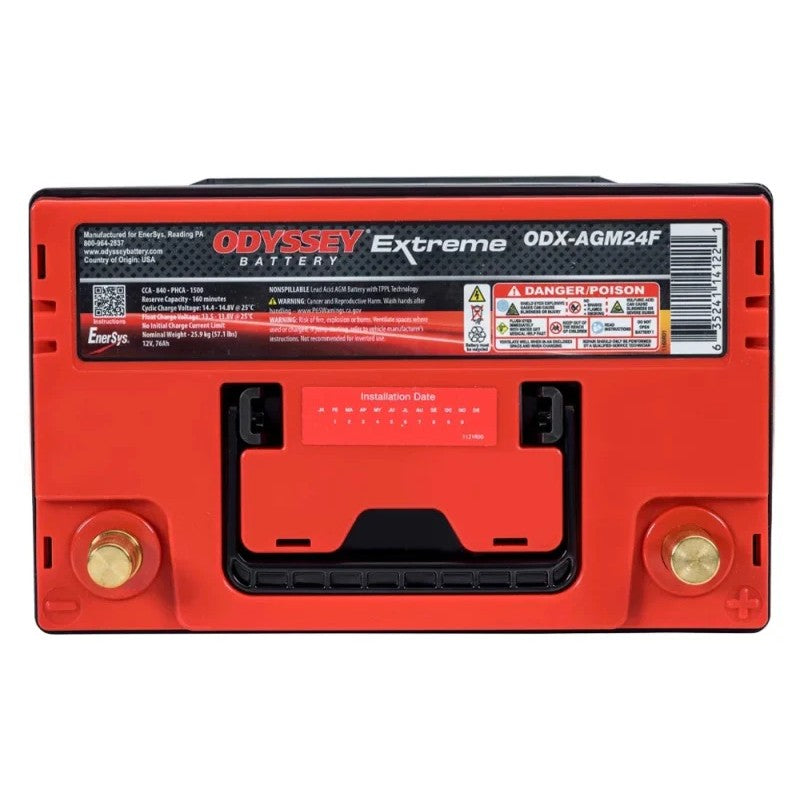 Odyssey Extreme Series NSB-AGM24F AGM battery with high-conductivity brass terminals and durable grey housing.