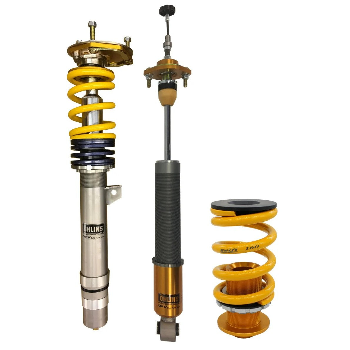 Ohlins Dedicated Track coilover suspension kit with gold finished dampers and performance springs for BMW E46 M3.