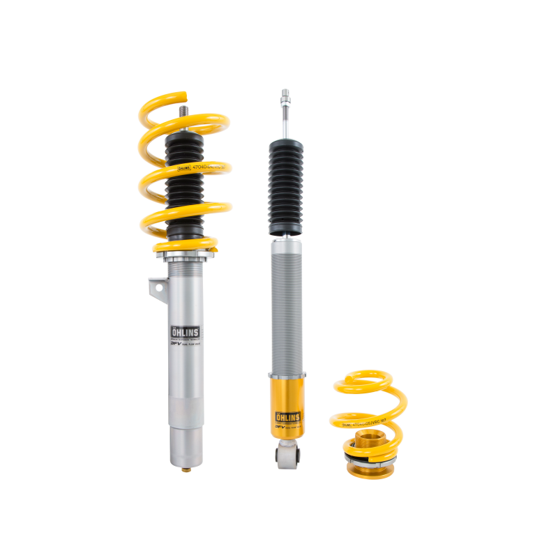 Öhlins Road & Track suspension system featuring gold-bodied coilovers and yellow springs for 2001-2006 BMW M3 E46.