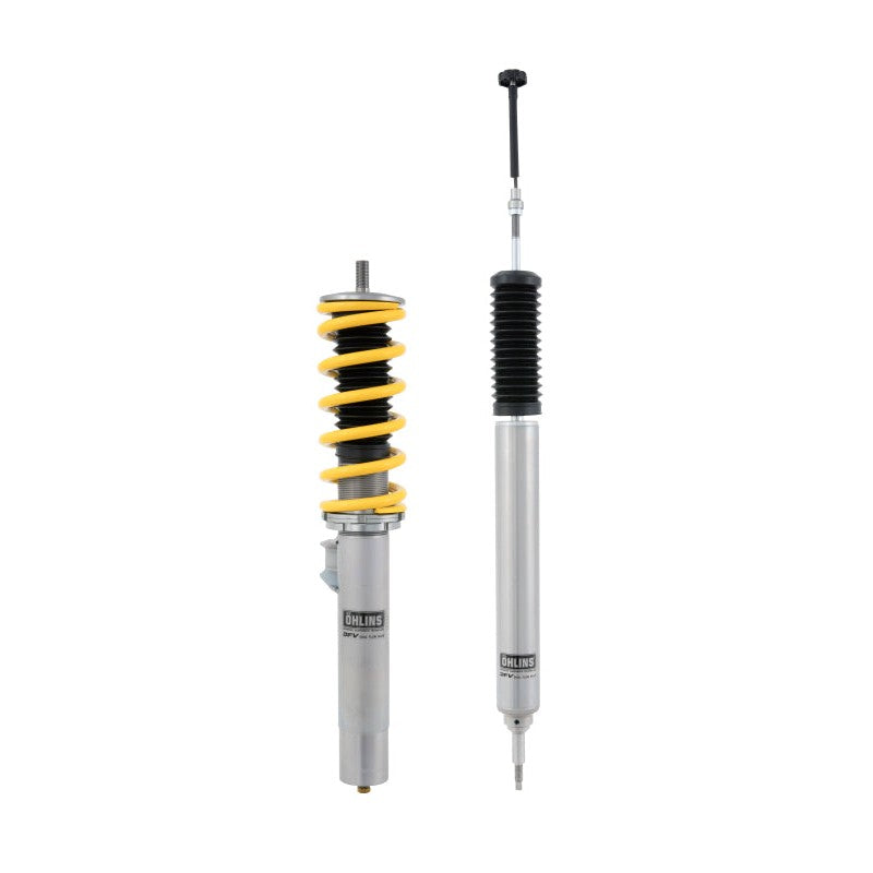Ohlins Road & Track coilover suspension kit featuring gold monotube dampers and DFV technology for BMW E8X/E9X RWD.