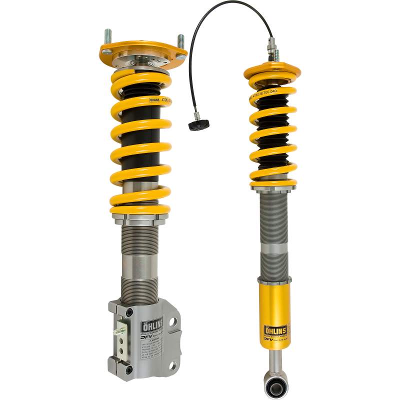 Gold and black Ohlins Road and Track coilovers for 2008-2015 Mitsubishi Lancer Evolution X
