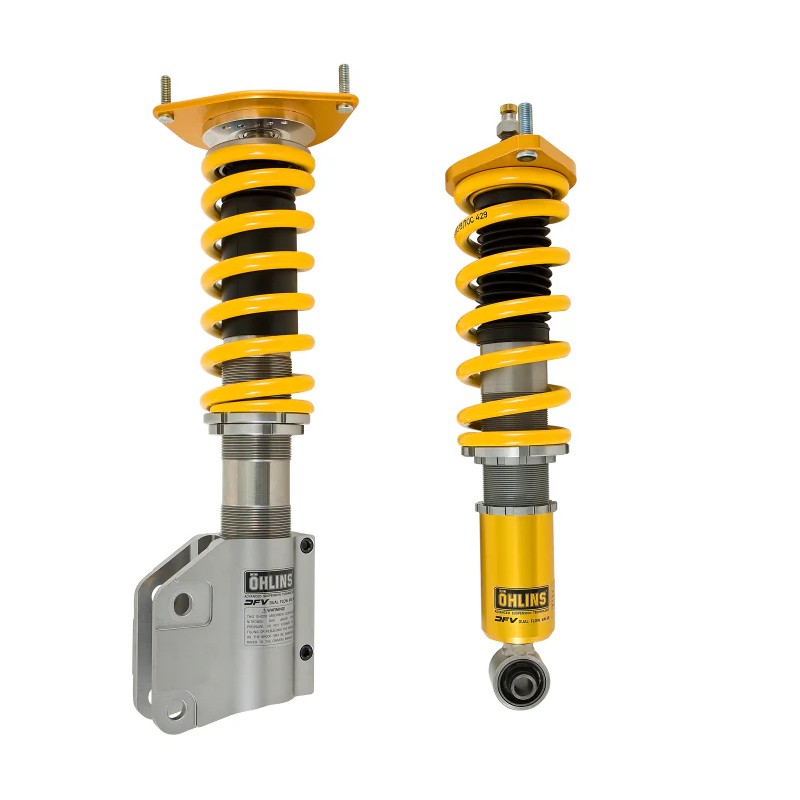Ohlins Road & Track coilover kit with gold-anodized bodies and black springs for 2008-2021 Subaru WRX and STI