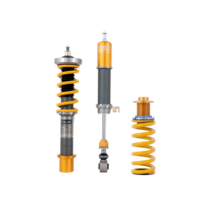 Ohlins Road & Track coilover suspension kit featuring gold anodized aluminum dampers and blue coil springs.