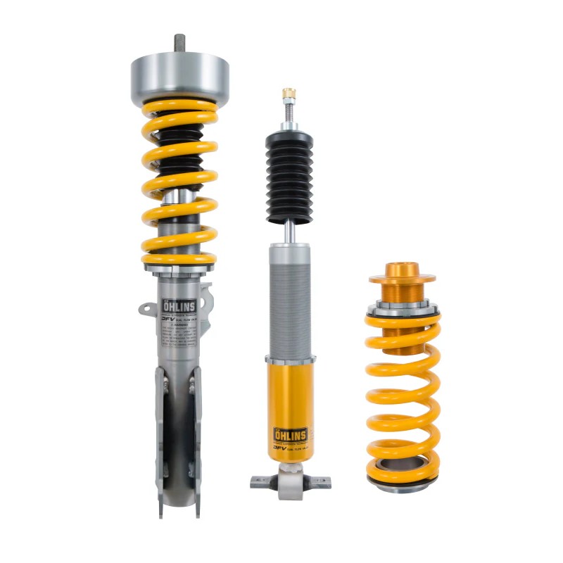 Öhlins Road & Track monotube coilover kit featuring gold-anodized aluminum shock bodies and inverted front struts.