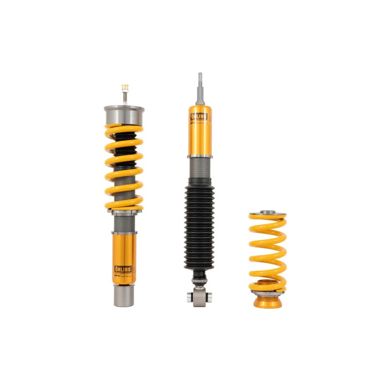 Öhlins Road & Track coilover kit featuring gold aluminum shock bodies and black springs for Audi B9 models.