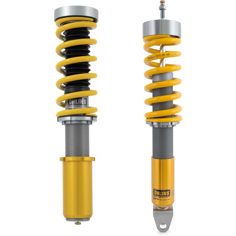 Ohlins Road and Track monotube coilover assembly with gold shock bodies and black springs for Porsche 911 992.