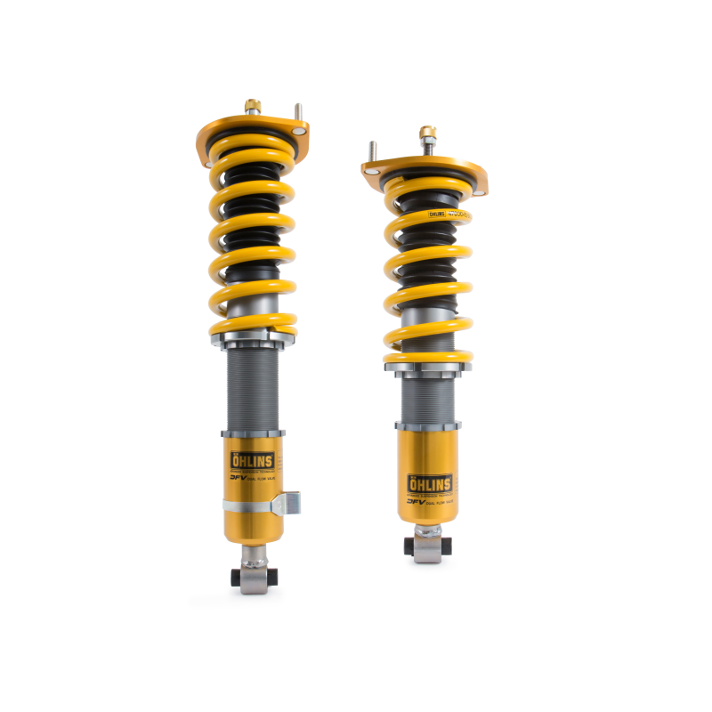Ohlins Road & Track monotube coilover kit for 1990-2005 Mazda Miata with gold aluminum shock bodies and yellow springs