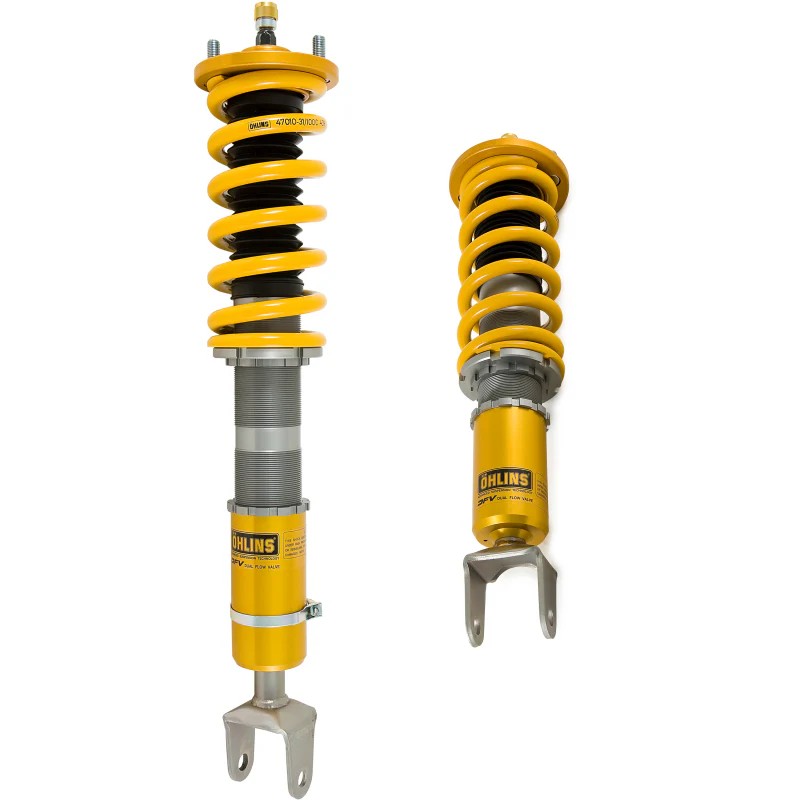 Ohlins Road & Track coilover kit for Honda S2000 featuring gold aluminum bodies and yellow coil springs